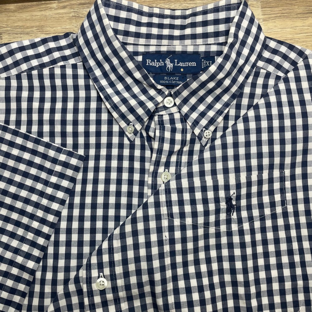 Ralph Lauren Blake XL‎ Button Down Shirt Navy White Gingham Check Short Sleeve